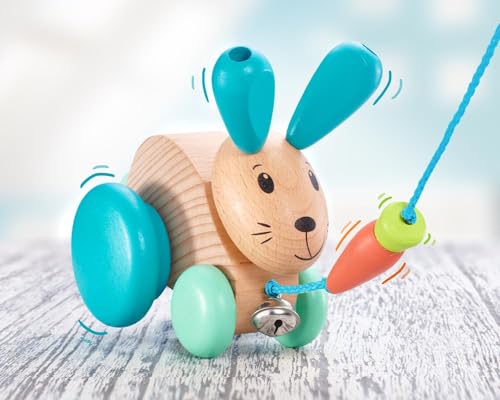 Selecta 62100 Henny Hoppel, Nachzieh-Hase, Schiebe-und Nachziehspielzeug aus Holz, 13 cm