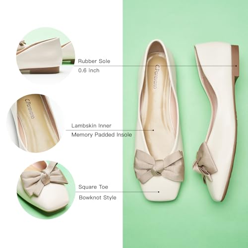 C.Paravano Women's Flats | Square Toe Shoes for Women | White Flat Shoes | Women Soft Leather Bowknot Dressy Flat | Slip On Ballet Flats for Work Walking & Wedding Party (Size 5,White)4