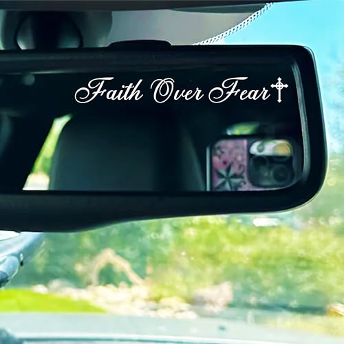 Image of Set 3Pcs Faith Over Fear Rearview Mirror Decal Christian Jesus Catholic Stickers Bible Verse Sticker Water Bottle Laptop Window Decal Vinyl Waterproof 4x0.4 Inch Car Decals New Car Accessories