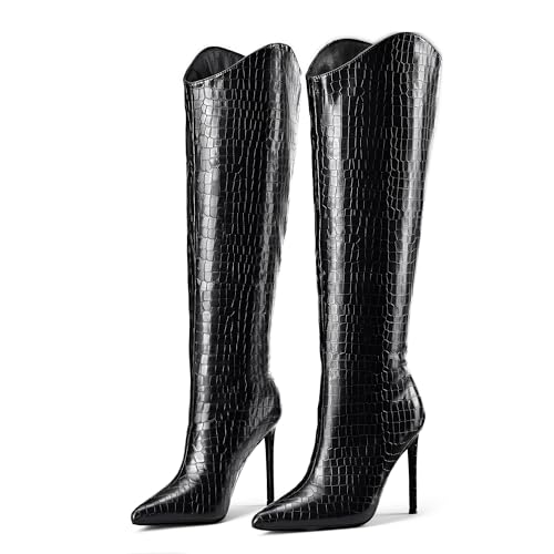 Elisabet Tang Women's Knee High Boots Pointed Toe Tall Boots 4 In Stiletto Heel Stylish Wide Calf Slip on High Heel Booties for Women Winter Long Boot Shoes3