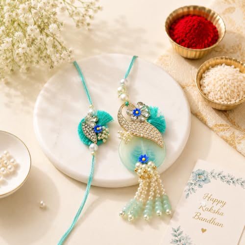 Image of CraftVatika Rakhi for Brother and Bhabhi, Designer Couple Rakhi Gift Combo for Brother Men Bhaiya, Premium Rakhis for Rakshabandhan, Lumba for Bhabhi, Best Wishes Card Tillak Set with Magnet Gift Set