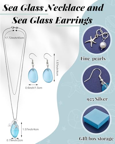 Yinkin 2 Pcs Sea Glass Necklace Beach Themed Necklace Sea Glass Earrings Set Starfish Ocean Blue Freshwater Pearls Earring Handmade Jewelry with Gift Box Gifts for Women Girls Beach Lovers2