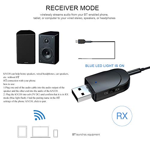 Andoer Receptor de áudio Bluetooth 5.0, transmissor, mini conector de 3,5 mm AUX USB estéreo adaptad