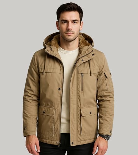 Image of L'MONTE Men's Imported Heavy-Duty Winter Jacket - 100% Cotton Coat with Fleece Lining, Detachable Hood & Multiple Pockets - Windproof, Warm, Stylish for Outdoor & Casual Winter Wear