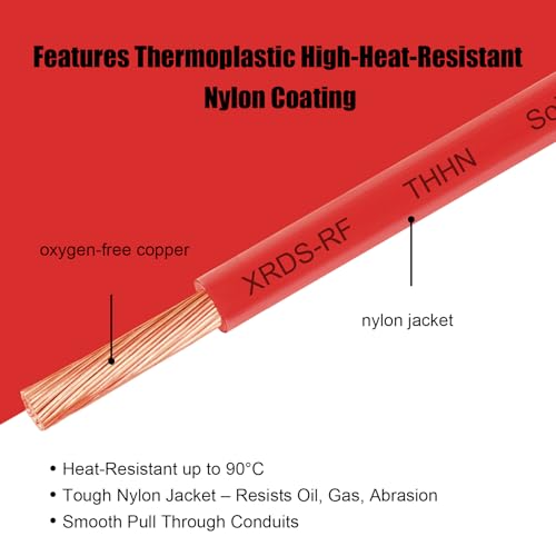 Image of XRDS -RF 10 Gauge THHN Wire, 150FT Red Stranded Copper Electrical Wire, 600V, Heat & Oil Resistant, Nylon Sheath Building Wire for Indoor /Outdoor Use