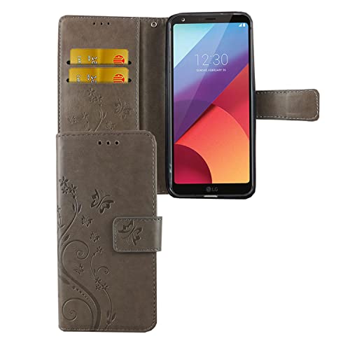 Étui LG G6 König Design en cuir synthétique gris à motifs fleurs avec support et cartes