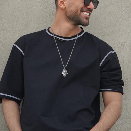 AsAlways Stainless Steel Hand of Fatima Pendant Vintage Amulet Charm Relief Carving Evil Eye Hamsa Hand Necklace Religious Gifts3