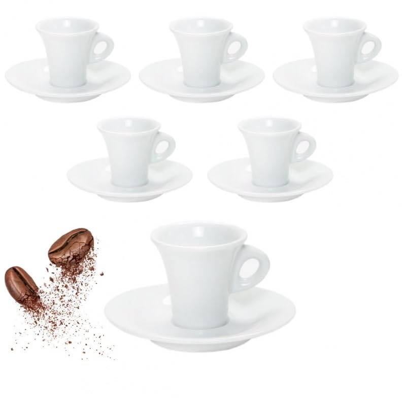 Set 6 Tazzine da Caffè in Porcellana Bianca Modello Aida con Piattini – Design Bar a Trombetta, Capacità 100 ml