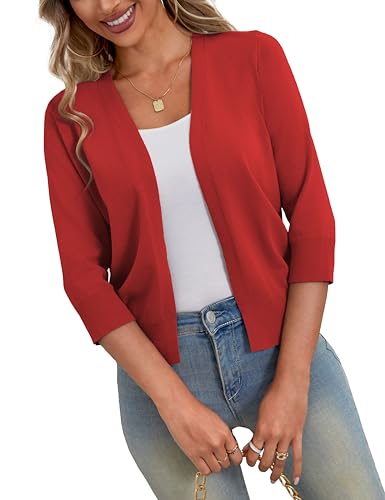 Image of a.Jesdani Shrugs for Women Lightweight 3 /4 Sleeve Open Front Red Cropped Cardigan Sweaters,S
