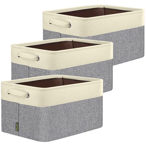 BALEINE 3 Pack Fabric Storage Bins for Shelves, Linen Storage Baskets for Organizing, Decorative Closet Bins for Clothes, Home (Grey, 15"x11"x9.5")