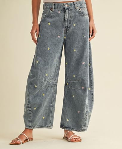 loveimgs Women Boyfriend Baggy Barrel Jeans Mid Rise Wide Leg Jeans Embroidered Denim Ankle Pants Patchwork Sweatpants Y2k2