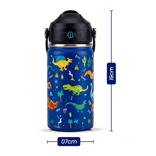 Image of Rioware Kids Insulated Stainless Steel Water Bottle 350ml | Double Wall Vacuum | 24 Hrs Cold & 12 Hrs Hot | Leakproof Flip Top with Straw | BPA-Free | School Bottle with Carry Loop (350 Ml, Blue)