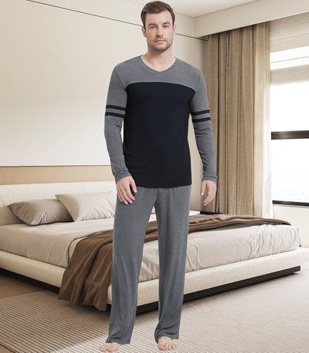 Image of NACHILA Mens Pajamas Set Viscose Made from Bamboo V Neck Top Sleep Pants | Elastic Waist with Drawstring,Soft ,Tagless Comfort,Moisture Wicking,All season Loungewear Set, Jogger Sweatpant,Match set