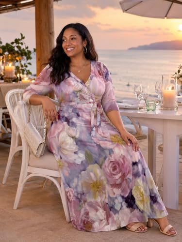 Image of SUZONANA Plus Size Dresses for Women Floral Print Maxi Dress Flowy 3 /4 Sleeve with Belt