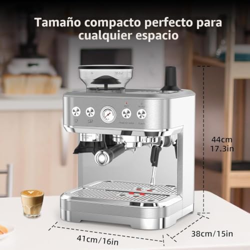 Miniatura 4 de Garvee Cafetera Italiana Automática con Molinillo Integrado – 15 Bares y Control PID – Espresso Profesional en Casa con Boquilla de Vapor, Depósito 2,3L, Acero Inoxidable, Plateado