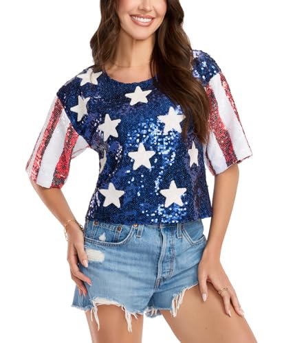 Tipsy Elves 4th of July Shirts for Women Funny American Flag - Novelty Memorial Day Outfit - Blue Sequined Stars and Stripes Cropped Tee Size Small