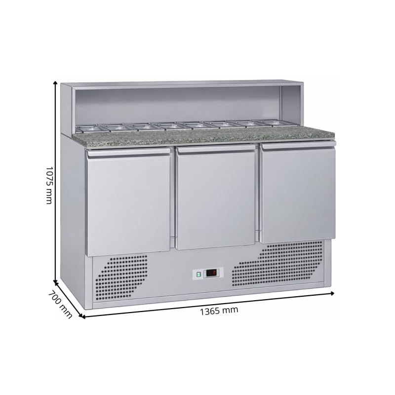Torre de Pizza Refrigerada 3 Puertas – Encimera de Granito – Top con ingredientes GN 1/6 – 330L – Temperatura -2°/+8°C – Ideal para Pizzerías y Restauradores