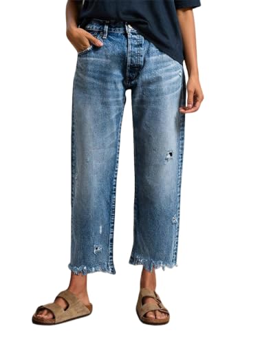 Flamingals Straight Leg Crop Jeans for Women Mid Rise Vintage Wash Raw Hem Ripped Dressy Cropped Denim Pants Summer Trendy Mid Blue M