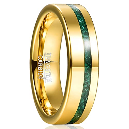 NUNCAD Men's 6mm Gold Tungsten Wedding Bands with Crushed Green Created-Opal/Malachite Inlaid High Polished Finish Size 6-12