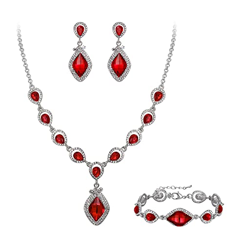 EVER FAITH Juegos de Joyas Mujer Cristal Marquesa Lágrima Colgante Collar Pendientes Pulsera para Nupcial Boda Rojo Tono Plateado Cover