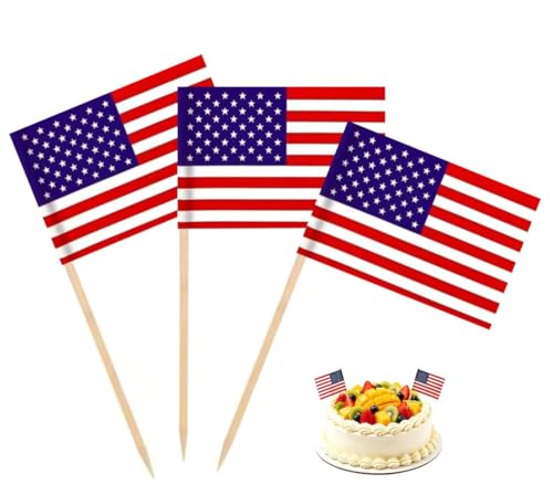 100 Pcs USA American Flag US Toothpick Flags, Small Mini Stick Cupcake Toppers US Flags,4th of July,Veterans Day,Country Picks Party Decoration Celebration Cocktail Food Bar Cake Flags