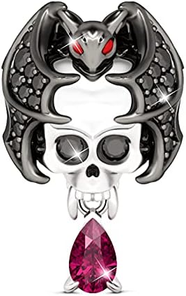 GNOCE Skull Charms Cool Bat Skull Bead Pendant Lights Up with Twinkle Black Cubic Zirconia and Cool Bat Demon Skull 925 Sterling Silver Handmade Charms for Bracelet/Necklace