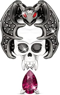 GNOCE Skull Charms Cool Bat Skull Bead Pendant Lights Up with Twinkle Black Cubic Zirconia and Cool Bat Demon Skull 925 Sterling Silver Handmade Charms for Bracelet/Necklace