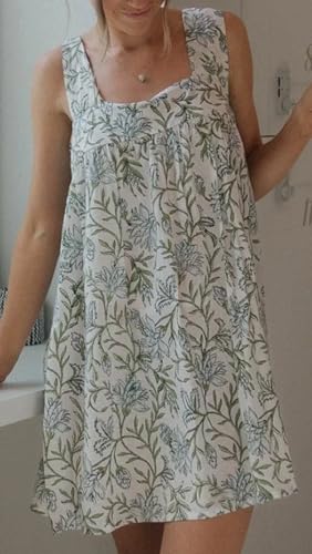 Image of Women Floral Tie Shoulder Mini Dress Cute Square Neck Loose Fit Beach Short Dress Backless Boho Vocation Sundress