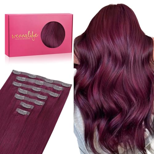 WENNALIFE Seamless Clip In Hair Extensions Human Hair, 12 Inch 80g 7pcs Light Burgundy Real Hair Extensions Clip in Human Hair Invisible PU Skin Weft Natural Remy Hair