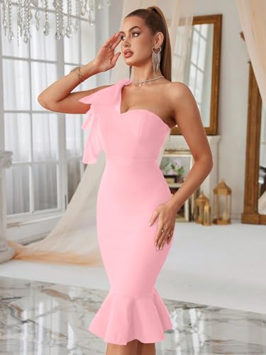 Image of Mesh One Shoulder Bow Midi Dress Fishtail Bandage Cocktail Party Wedding Bridesmaid Evening Gown