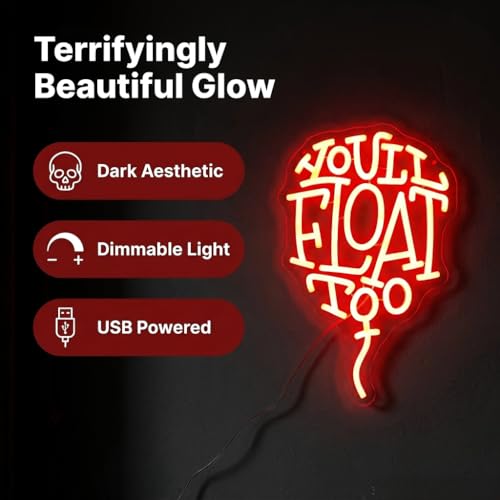 Image of You'll Float Too Neon Sign, Dimmable LED Wall Light, USB Powered Horror Movie Decor for Gothic Room, Creepy Clown Fans, Spooky Halloween Wall Art & Scary Gift