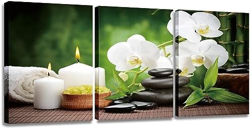 Lingula Canvas Wall Art Zen Decor - 3 Panels Green Bamboo Asian Style Framed Paintings Yoag Orchid Candle Artwork SPA Stone Pictures Canvas Wall Decorative For Home Office (12x18IN(30X45CM) Framed)