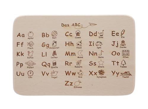 MC-Trend - Frühstücksbrettchen Alphabet mit Bildern aus Buche Holz - Lernen zum Schulanfang, Kindergarten - Geschenkidee für Schüler oder zum Schulanfang Schultüte – 22 x 14 x 1 cm – Made in EU (ABC)