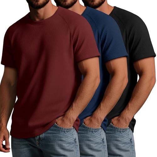Riyiper 3 Pack Men's Big and Tall Ribbed Knit T-Shirts XL-5XL Summer Textured Casual Short Sleeve Tops Crew Neck Basic Tee