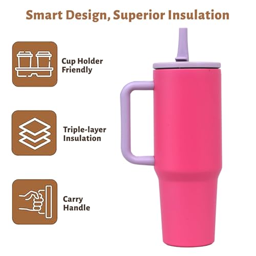 Image of 1200ML Stainless Steel Tumbler with Handle & Flip Straw | Leak Resistant, Insulated Water Bottle with Rubber Base | Travel, Gym & Car Cup Holder Friendly (Pink Dahlia)