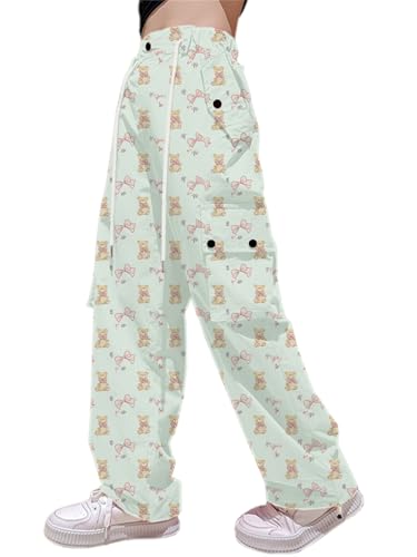 Image of Cromoncent Girls High Waist Parachute Pants Y2K Cargo Trousers with Pockets for Women, Green Bear, 11-12 Years = Tag 160