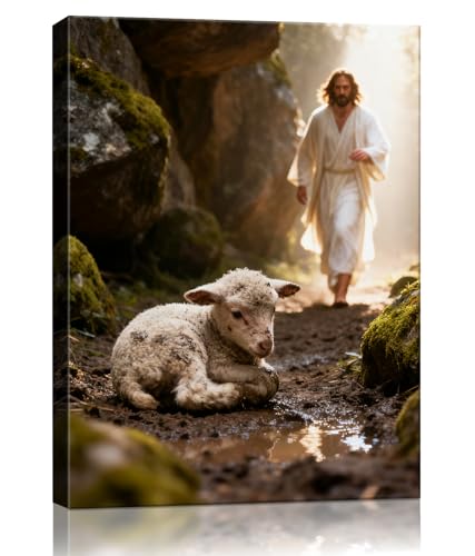 Jesus Saves the Lost Lamb Wall Art, Jesus Christian Canvas Wall Decor, Waterproof Religion Canvas Art Wall Decor Posters Paintings Prints for Living Room, Bedroom, Prayer Room, Framed 8x10 inch