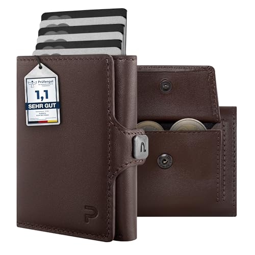 PURISTO KLIK Classic Slim Wallet mit Münzfach - Mini-Geldbörse für Herren aus Echtleder - Kleines Kartenetui mit RFID-Schutz für 10-14 Karten - Dunkelbraun