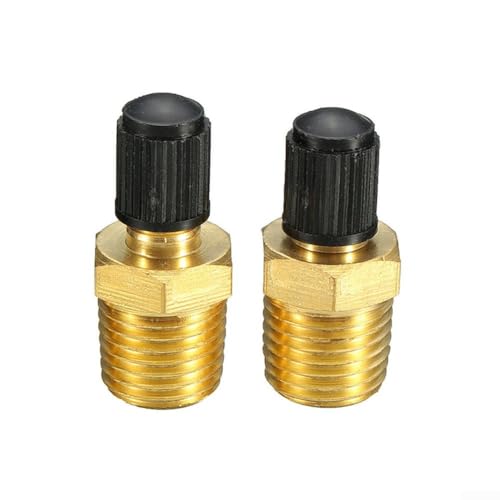 Juego de 2 válvulas de llenado de latón NPT de 1/4 pulgadas para depósito de aire comprimido, compresor de repuesto con núcleo de válvula y tapa, color amarillo y negro, 25 mm de longitud