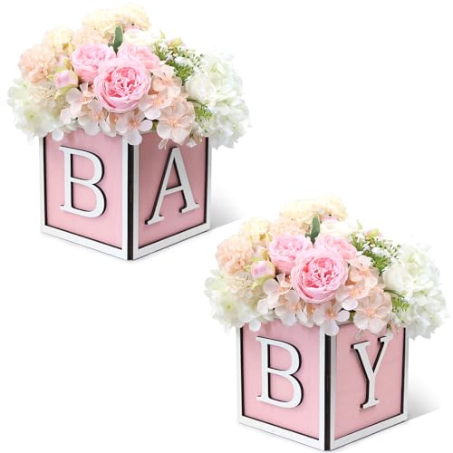 Acmee 2 Set Baby Shower Centerpieces for Tables - 6 inch Wooden Boxes with Baby Letters Rustic Cube Planter Wood Blocks for Gender Reveal Party Favor (Pink)