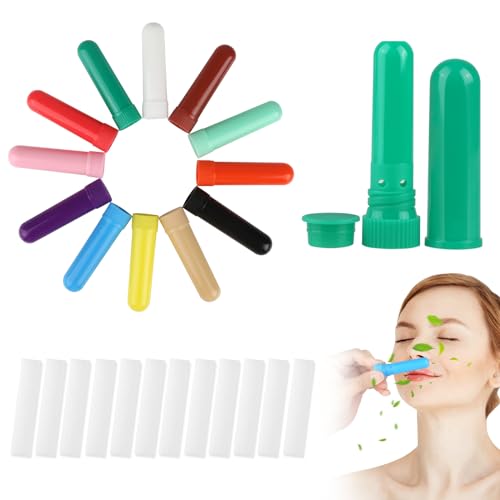 12 Piezas Tubos Inhaladores Nasales, Plástico Tubo Aromaterapia con 12 Mechas, Inhalador Aromaterapia en 12 Colores, Palillos de Inhalador para Aromaterapia y Perfumería