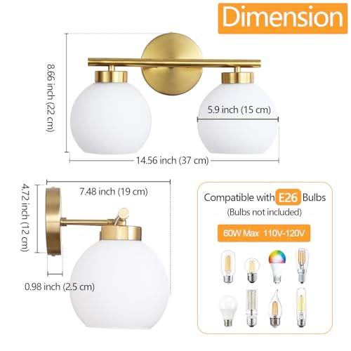 Image of 2 Light Bathroom Vanity Light, Gold Bathroom Light Fixtures Over Mirror, Mid Century Modern Wall Sconce with Frosted Globe Glass Shades, Brass Vanity Light, E26 Socket