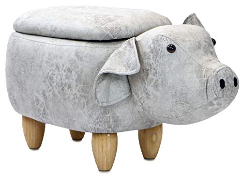 Image of Critter Sitters 15-In. Seat Height Light Gray Pig Animal Shape Storage Ottoman, Nursery Furniture for Bedroom, Playroom, and Living Room Decor, Multifunctional Fun Step Stool for Toddlers and Kids