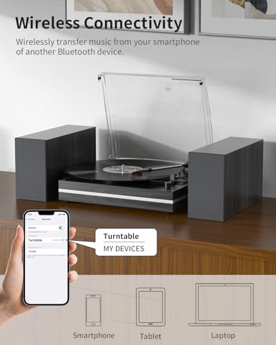 Image of Vinyl Record Player with External Speakers Belt-Drive Turntable for Vinyl Records Dual Stereo Speakers Vintage LP Players Support 3 Speed Wireless Playback AUX Headphone Input Auto Stop Wood Black