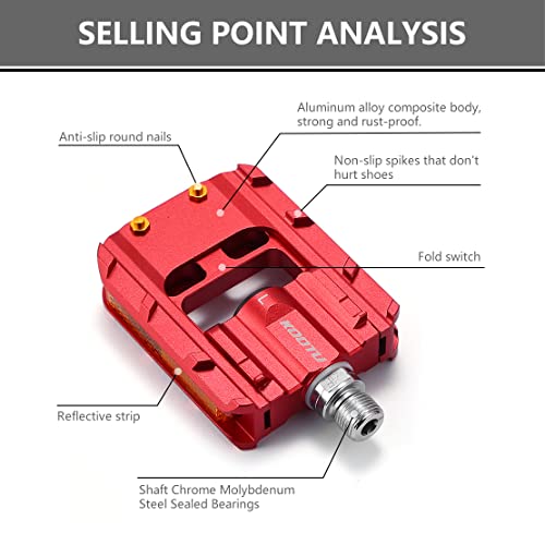Kootu Bike Pedals Foldable Anti-Slip,Universal 9/16 Inch Folding Pedals With Reflectors Waterproof Bicycle Pedals For Road Bike Mountain Bike Bmx Folding Bike Trekking Bike And Spinning Bike (Red) #TOP2