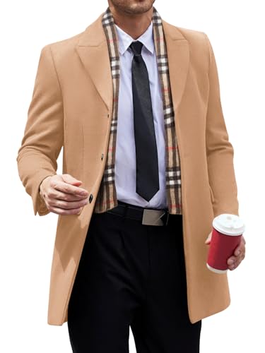 Runcati Men's Pea Coat with Detachable Plaid Scarfs Fall Single Breasted Wool Blend Trench Coat Winter Overcoat