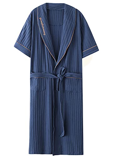 Km Men's Knitted Cotton Bathrobe Short Sleeve Summer Lightweight Robes (As1, Alpha, L, Regular, Regular, Blue) #TOP12