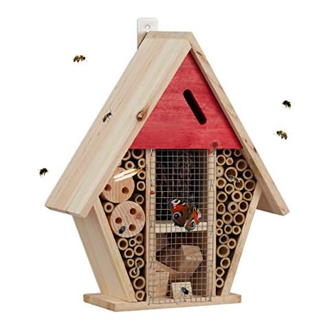 Relaxdays Insektenhotel, Nisthilfe Wildbienen & Schmetterlinge, Garten, Balkon, Bienenhotel HxBxT 30 x 25 x 11 cm, Natur Cover