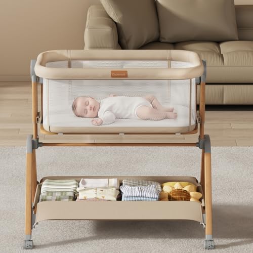 covenook 3 in 1 Baby Bassinet Bedside Sleeper, Gentle Rocking Bassinet with Wheels, 5 Adjustable Heights, Full Breathable Mesh, Soft Mattress & Storage Basket, Stable and Secure Crib for Newborns