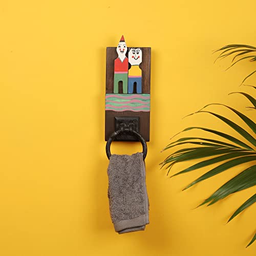 Image of AAKRITI ART CREATIONS Modern Art Wooden Towel Hanger | Tidy Me Wooden Towel Hanger | Matte Finish Multicolor Wall Mounted Towel Holder for Bath & Wash Area
